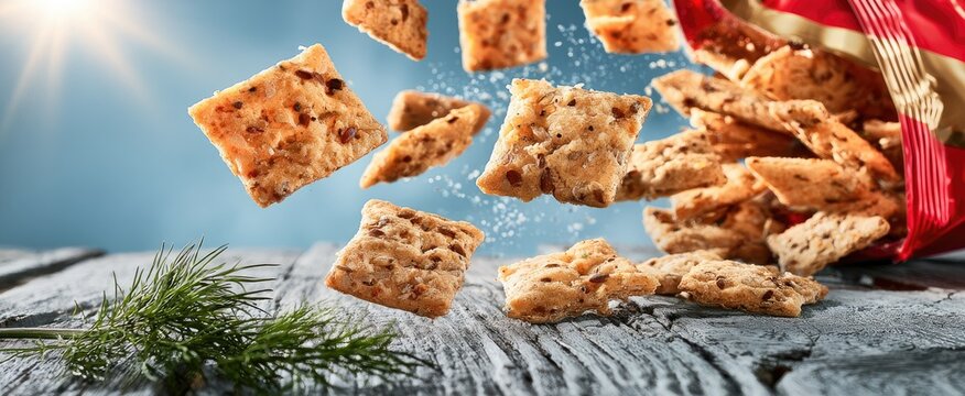 Savory square crackers tumble from a bag onto a rustic table
