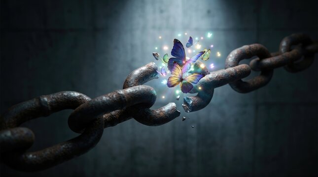 A butterfly emergence from broken rusty metal shackle demonstrates freedom liberation from human exploitation, visualizing World Day against Trafficking in Person.