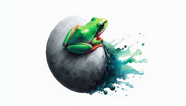 Colorful Frog On Ball Splashing Water Art.