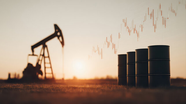 A dramatic oil field landscape at sunset showcases a pumpjack in action and metal barrels. Glowing financial graph reveals the dynamic fluctuations of oil trading markets.