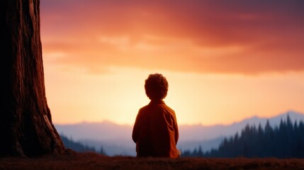 Obraz premium A child sits quietly under a tree, gazing at a vibrant sunset over distant mountains and a forested horizon.