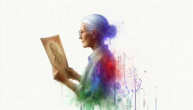 Watercolor Portrait of a Woman Reading a Book in Light.
