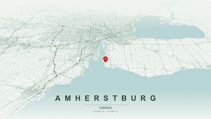 Minimalist vector map of Amherstburg, Ontario. High-quality scalable illustration of Amherstburg geographic boundaries, Detroit River, Lake Erie shorelines , Bois Blanc Island for posters design.  © AliRza