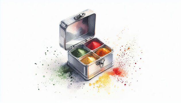 Colorful Open Makeup Palette with Watercolor Splashes.