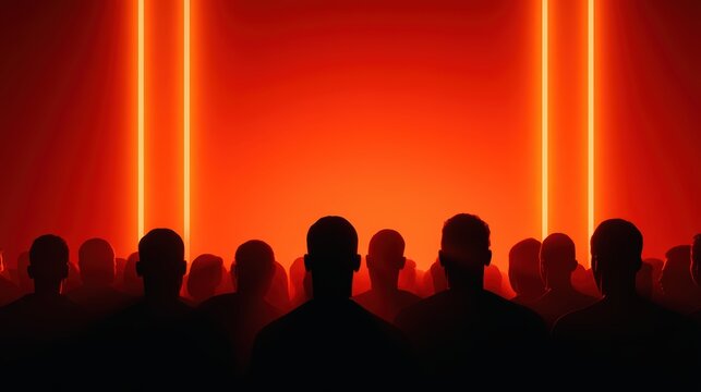 Silhouetted crowd faces a glowing red wall with vertical neon lights, creating a mysterious and intense atmosphere.