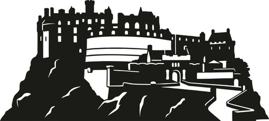 Obraz premium Engraving vintage castle silhouette against a white background representing historical architecture and iconic landmarks