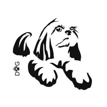 Vector drawing of a dog. Black and white gestalt design of a funny pet. Little doggy. Cute animal illustration. Postcard for International Dog Day. Drawing of an animal in the Gestalt style.