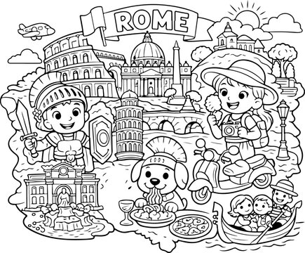 Roma, Italia, puntos de referencia, dibujos animados, esquema, dibujado a mano, l&iacute;nea, arte, ilustraci&oacute;n, doodle, arte, p&aacute;gina para colorear, para, ni&ntilde;os