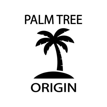 Minimalist black palm tree silhouette on island logo design with text "Palm Tree Origin" isolated on white background.