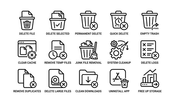 File deletion and cleanup icons displayed on white background