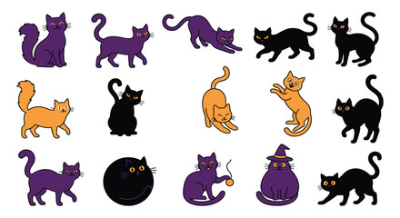 Obraz premium Collection Of Halloween Cats In Various Poses Vector Illustration felines kittens black