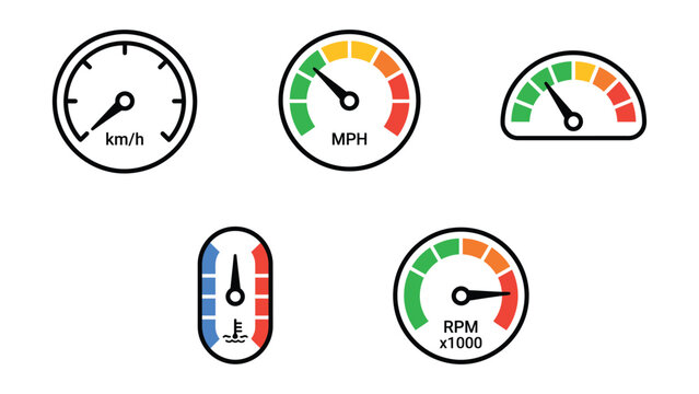 Collection of speedometer and gauge icons for automotive and industrial applications