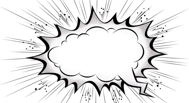Comic book speech bubble with explosive action lines and halftone dot texture for dynamic dialogue and sound effects