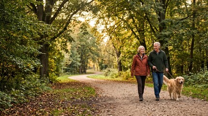 Older couple walking dog in forest park