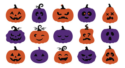 Fototapeta premium Assorted jack o lanterns a vector illustration with orange and purple pumpkins on a white background