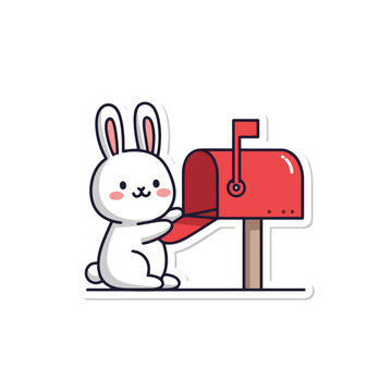 Adorable cartoon rabbit character checking a red mailbox in a playful outdoor scene perfect for spring holidays and children storytelling projects vibrant and cheerful digital artwork