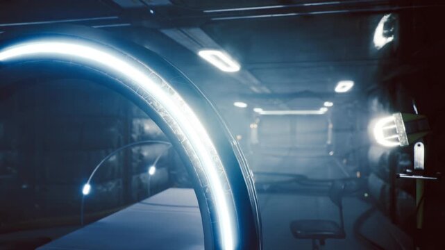 Space station habitation module with observation ring, panoramic view, soft interior lighting, console silhouettes, serene reflective surfaces and subtle glow