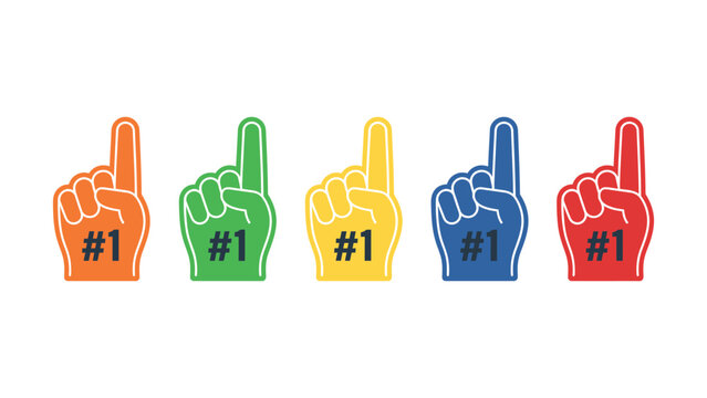 Colorful foam fingers with number one on white background