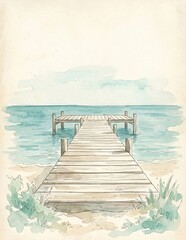 Fototapeta premium Serene watercolor of a wooden pier over tranquil ocean water on a summer day