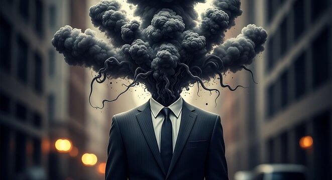 Businessman with smoke exploding from his head on a city street