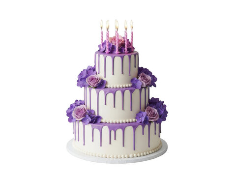 A large white cake with purple flowers and candles on top for celebration