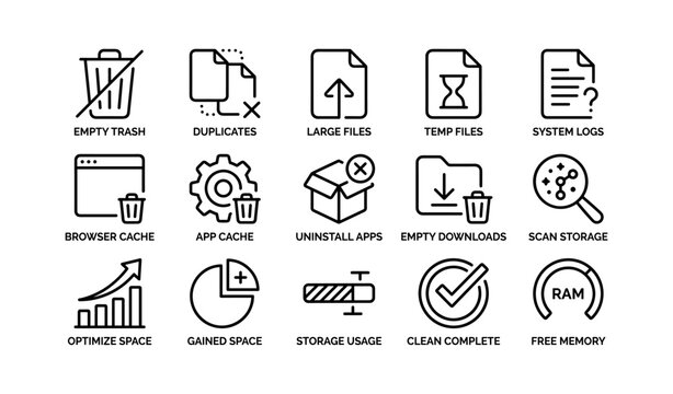 System cleanup and storage icons arranged on white background