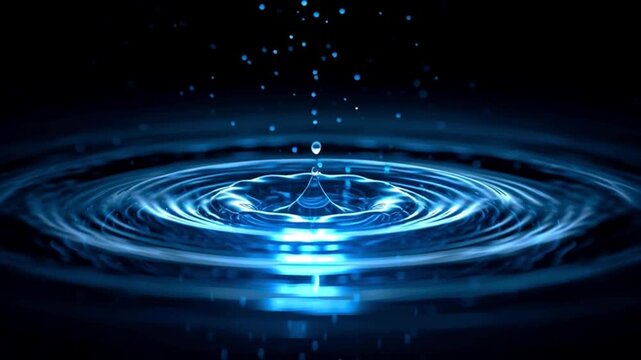 Luminous blue water drop falling on a dark surface, creating concentric circles and a splash. This high speed macro shot captures the intricate crown shape and rebounding droplets