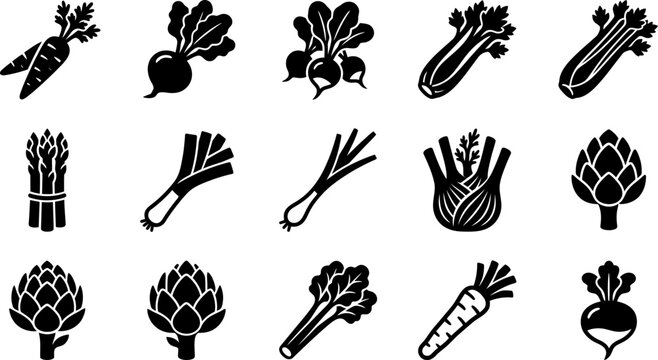 Set of monochrome vegetable icons featuring organic produce illustrations.