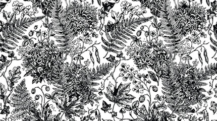 Intricate engraving vintage fern and floral pattern in detailed linework for botanical design backgrounds © Ishtiaq