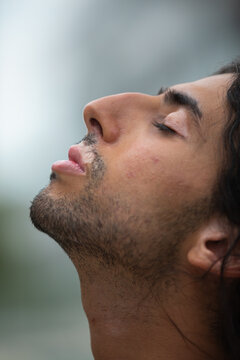 Close up profile of Middle Eastern man with vitiligo