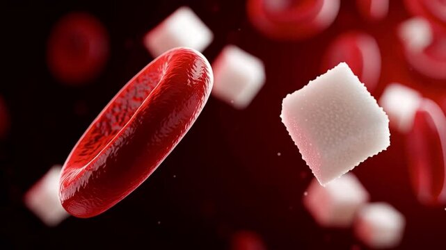 Realistic 3d animation showing red blood cells floating alongside sugar cubes inside a blood vessel, a scientific concept representing hyperglycemia, high glucose levels, and diabetes
