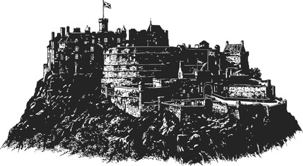 Majestic castle silhouette during twilight in engraving vintage style evoking historical grandeur and mystery © Ishtiaq