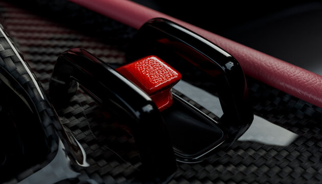 Close-up of red seat belt buckle on carbon fiber