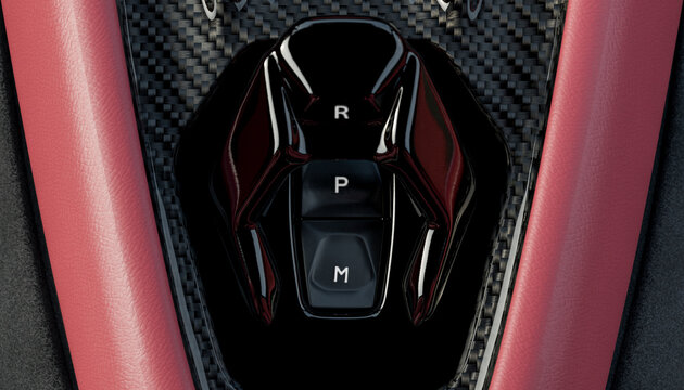 Close-up of sport car gear selector on carbon fiber trim