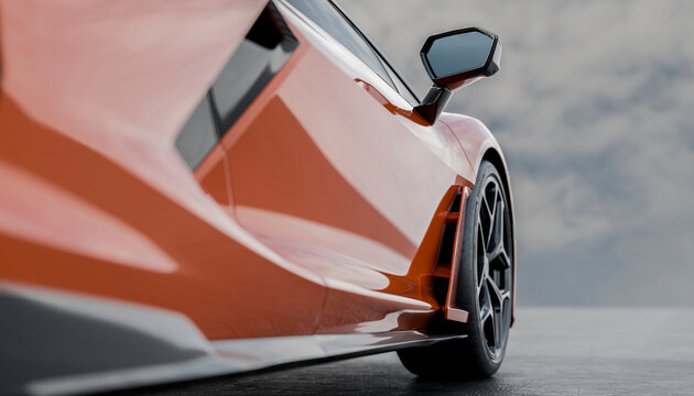 Close-up of orange supercar side with mirror and wheel