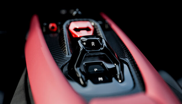 Close-up of sports car center console and gear selector