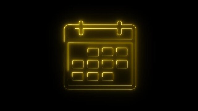 A glowing neon calendar icon animation. neon Animated date calender with clock icon concept.