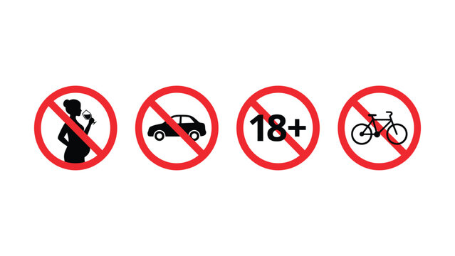 Four red circle prohibited signs with black icons on white background