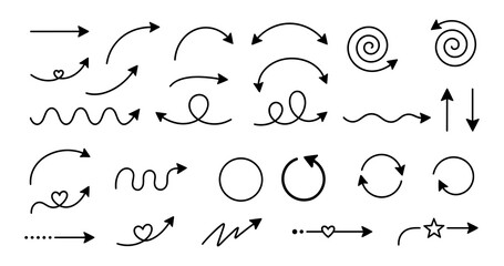Set of curvy hand drawn arrows and decorative doodles as PNG asset © MST