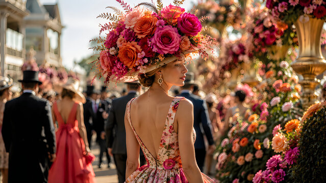 Woman wearing floral hat, back view, formal event, surrounded by flowers
