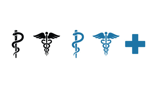 Medical symbols including Rod of Asclepius and Red Cross icons on white background