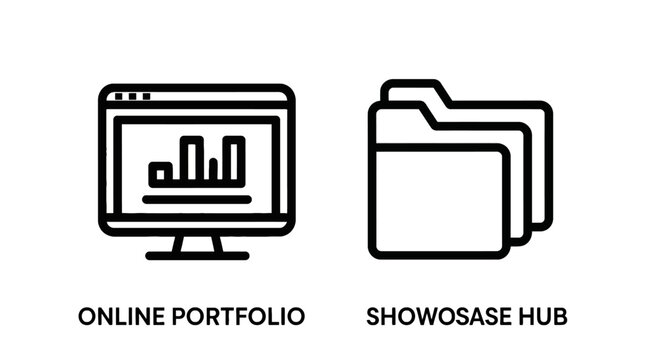 Online portfolio and showcase hub icons for creative professionals with design portfolio art gallery digital art graphic design artist portfolio