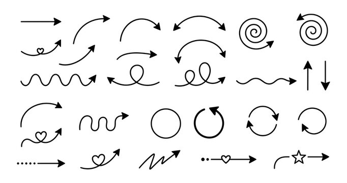 Set of curvy hand drawn arrows and decorative doodles as PNG asset