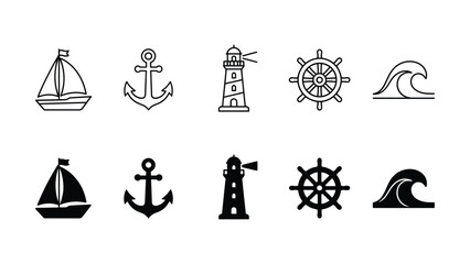 Nautical icons including sailboats anchors lighthouses steering wheels and waves on white background © Artist hub