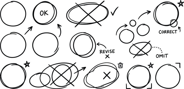 Hand drawn proofreading marks and editorial correction symbols set, sketchy text editing icons, evaluative circle frames vector pack, graphic elements