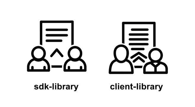 Two icons representing software development libraries, one labeled sdk-library and the other client-library, featuring stylized figures and documents