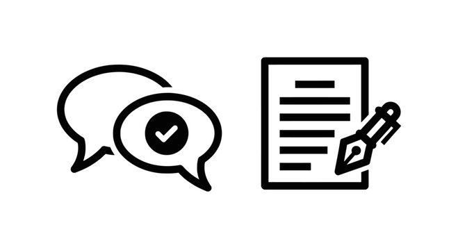 Speech bubble with checkmark and document with pen icons approval process document signing document icon agreement icon confirmation icon note icon