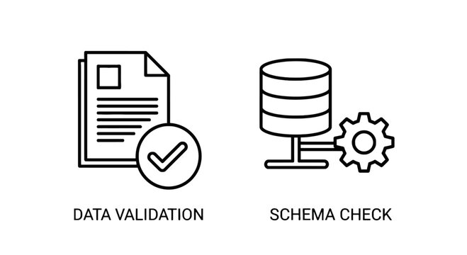 Data validation and schema check icons for database management and data integrity with data analysis data quality data accuracy data consistency