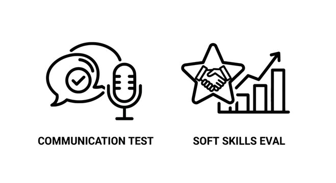 Icons representing communication test and soft skills evaluation with human resources non verbal problem solving critical thinking decision making