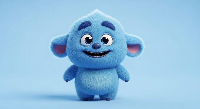 Cute blue fluffy monster character with big eyes smiling happily